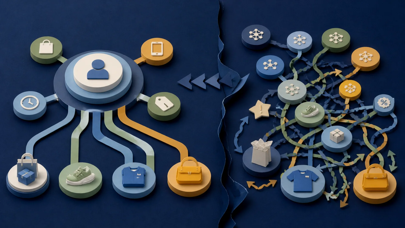 Two personalization journeys showing a coherent segment-led experience beside a chaotic algorithm-only sequence of conflicting offers.