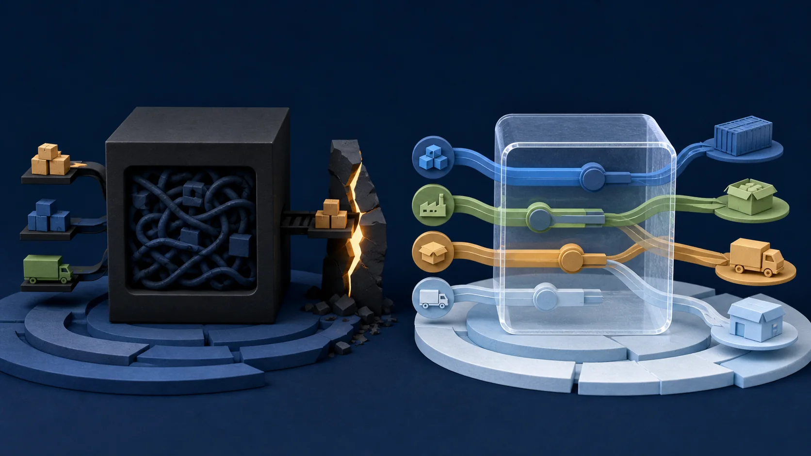 Transparent inventory strategy with visible levers reroutes quickly around a disruption, while a locked opaque AI model adapts slowly.