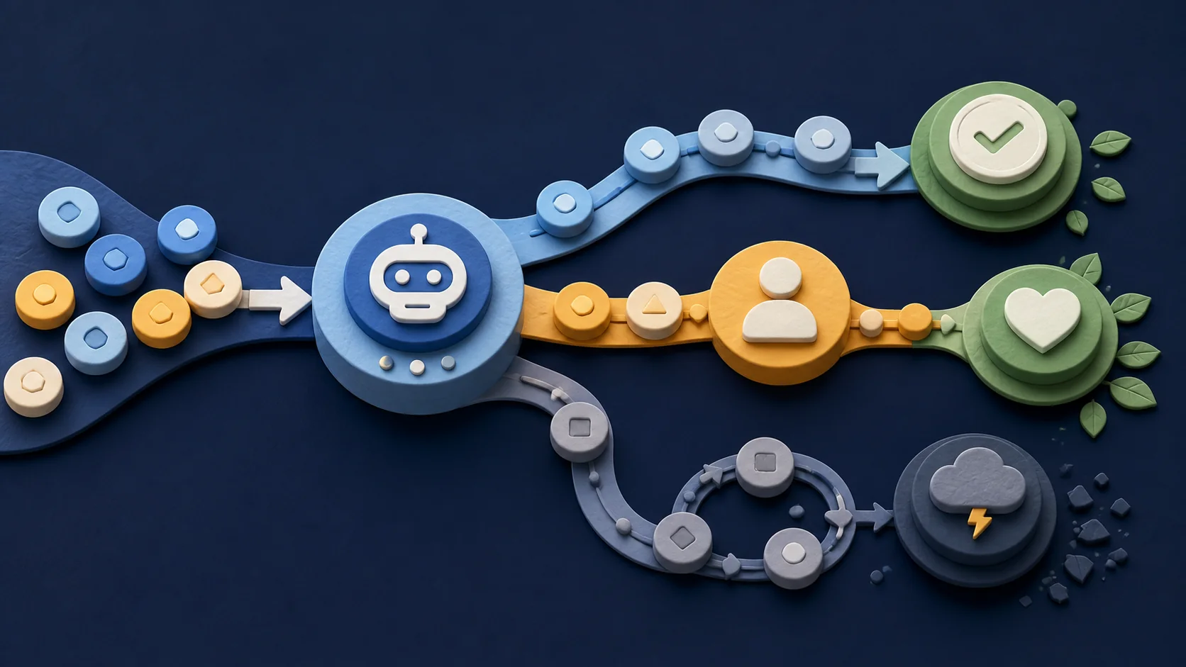 Customer request splitting into a clear chatbot-to-human handoff and an unresolved chatbot loop that frustrates the customer.