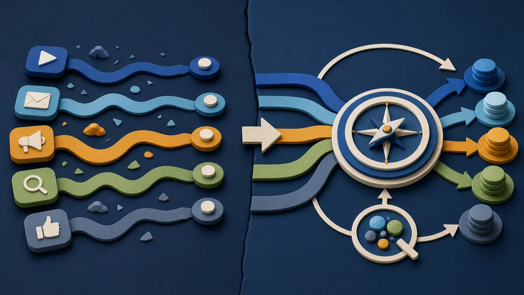 One customer journey flowing through multiple channel touchpoints while three attribution model rows assign different budget value to the same path.