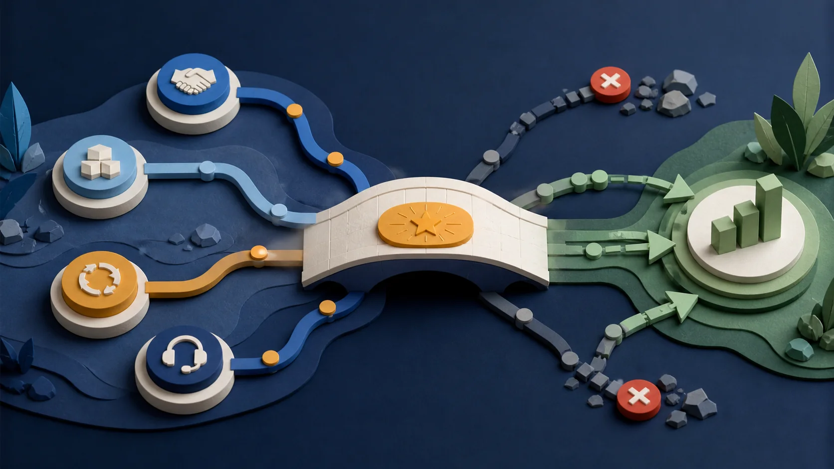 Two B2B customer success models: one transactional relationship focused on renewal and adoption metrics, and one strategic partnership focused on customer outcomes.