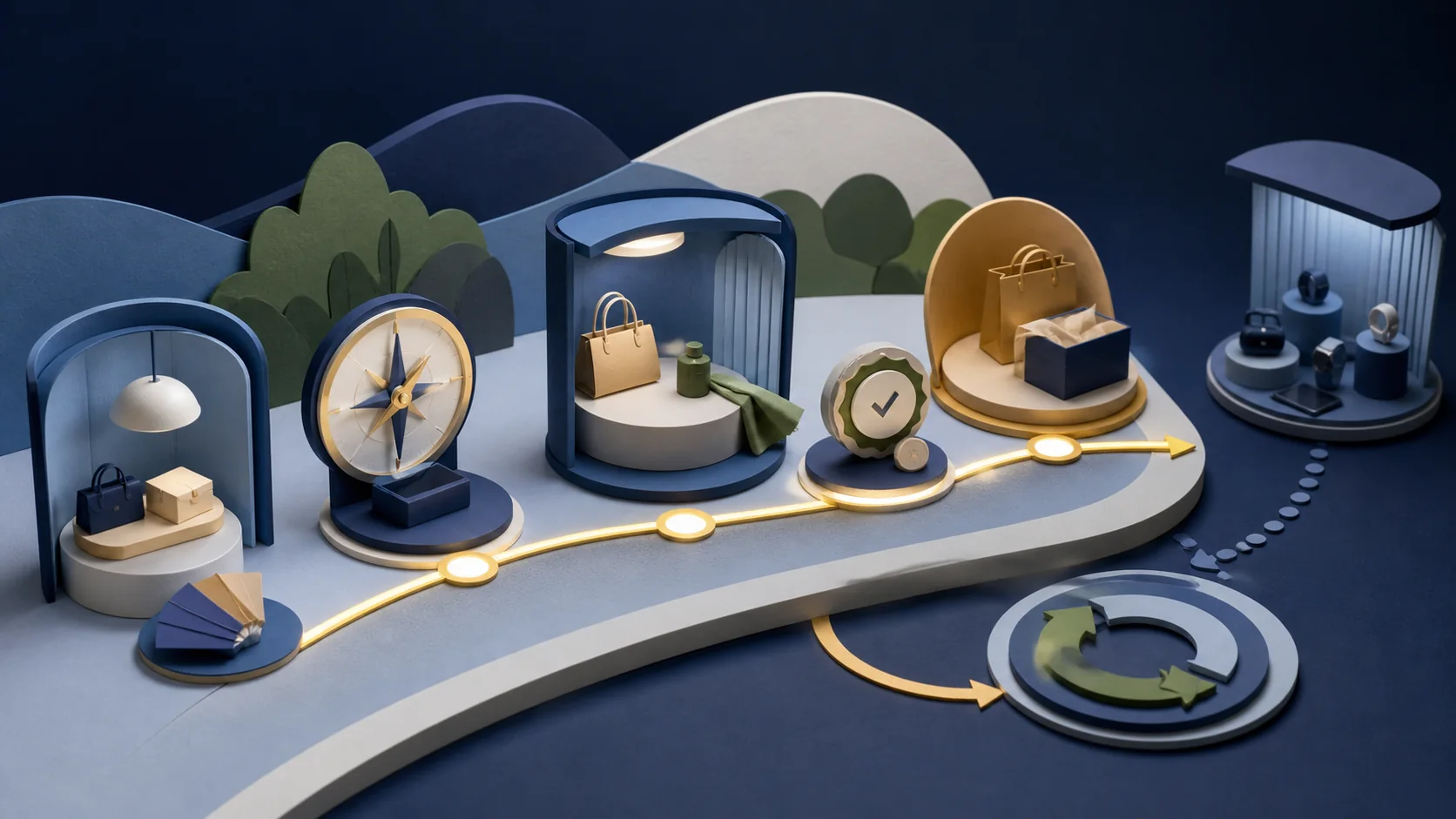 Premium retail scene where adviser curation and brand story create trust while technology remains a supporting layer.