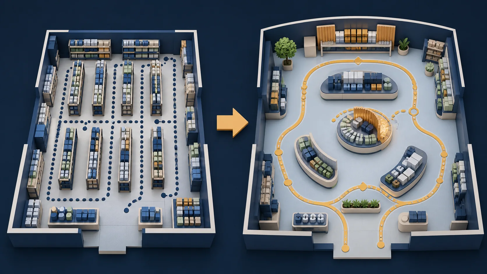 Store layout comparison between direct grid efficiency and circular discovery paths that encourage exploration.