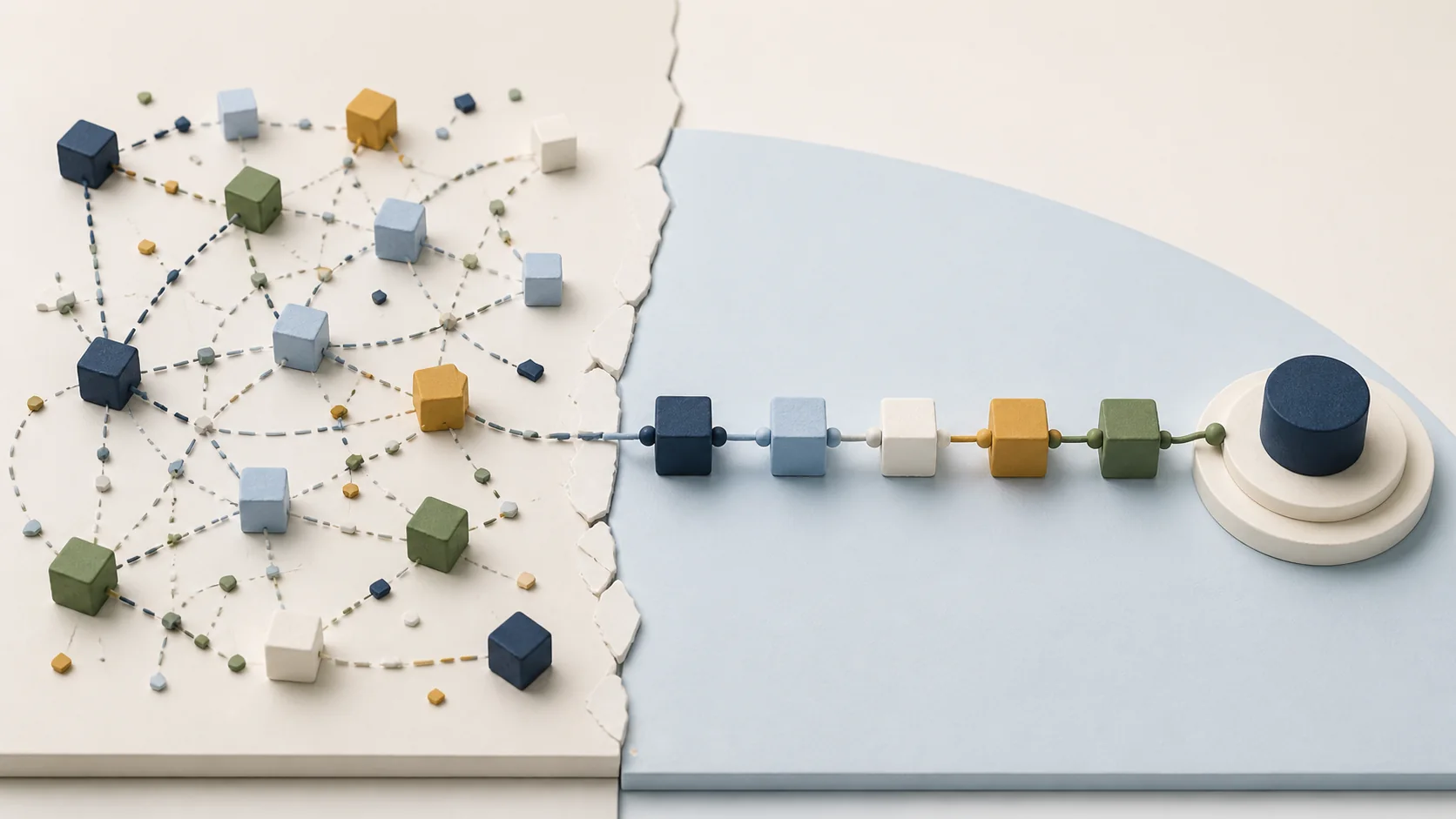 A tangled web of many connected tools versus a small, clean cluster of five connected tools, representing attribution accuracy.