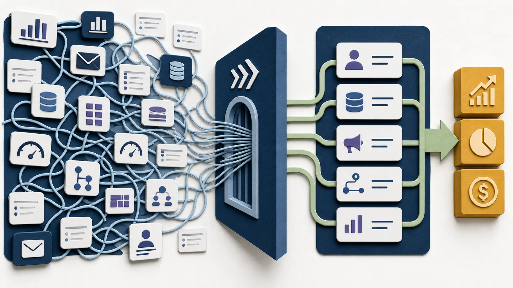 A checklist of many disconnected tool icons beside a small set of tightly connected tool icons producing a cleaner output.