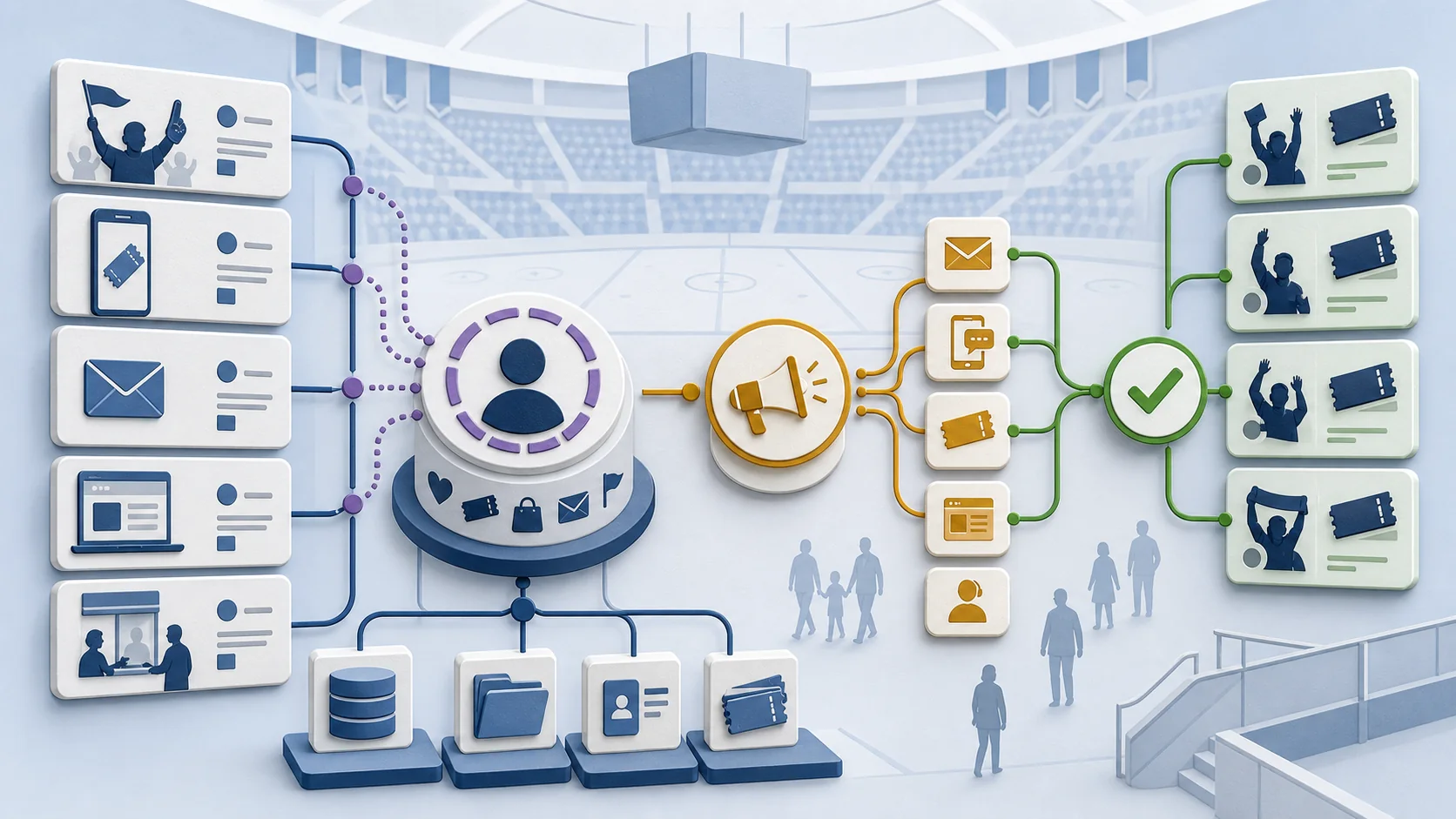 A single connected data foundation branching into four separate outcome paths, contrasted with a single campaign template producing one isolated result.