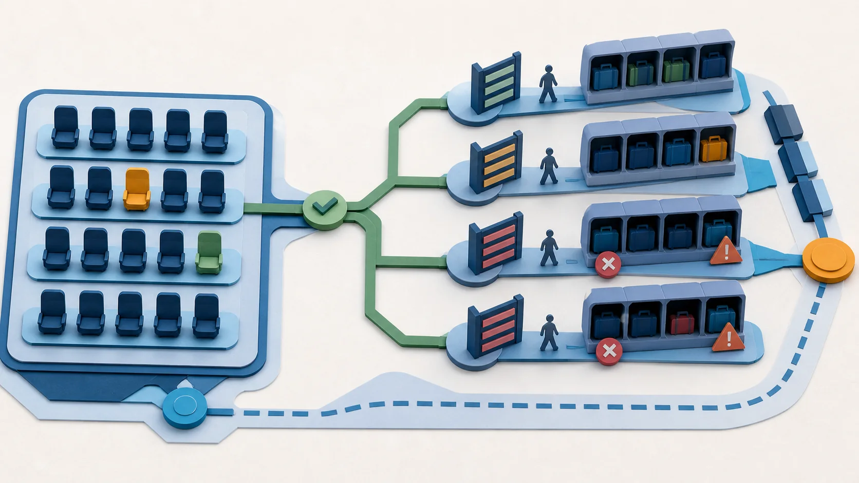 Two contrasting scenes: a simple abstract preference question with a favorable large majority, versus the same choice surrounded by fee tags and a crowded overhead bin representing the real implementation.