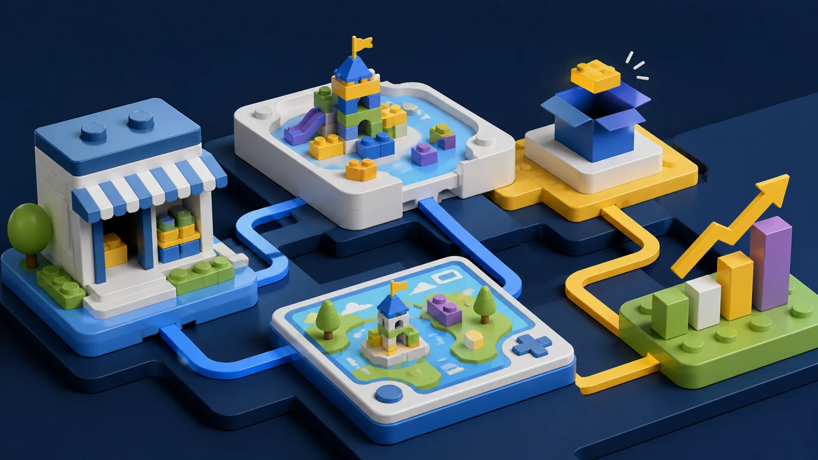 Editorial illustration for LEGO Beat the Toy Industry by 2x. Then It Acquired 29 Experience Venues.