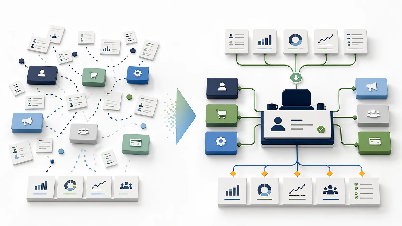 Two panels showing the same executive figure: one surrounded by measurement and baseline icons in year one, the other surrounded by connected, cross-functional network icons in year five.