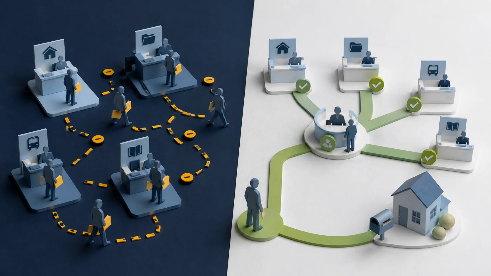 A large, complex AI investment icon next to a small, simple progress-tracker icon, with an arrow showing the simple tracker connecting more directly to a resident satisfaction outcome.