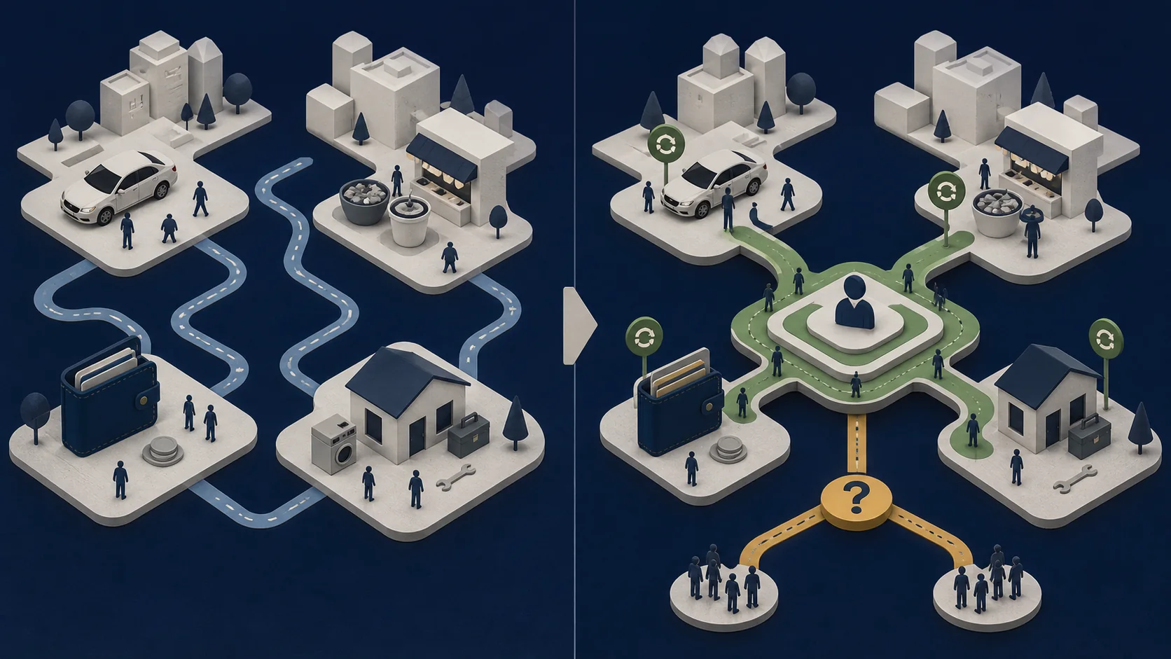 Two ownership structures shown side by side: a telecom-parent node with limited platform connections, and a platform-parent node with dense infrastructure connections feeding into the same super app.