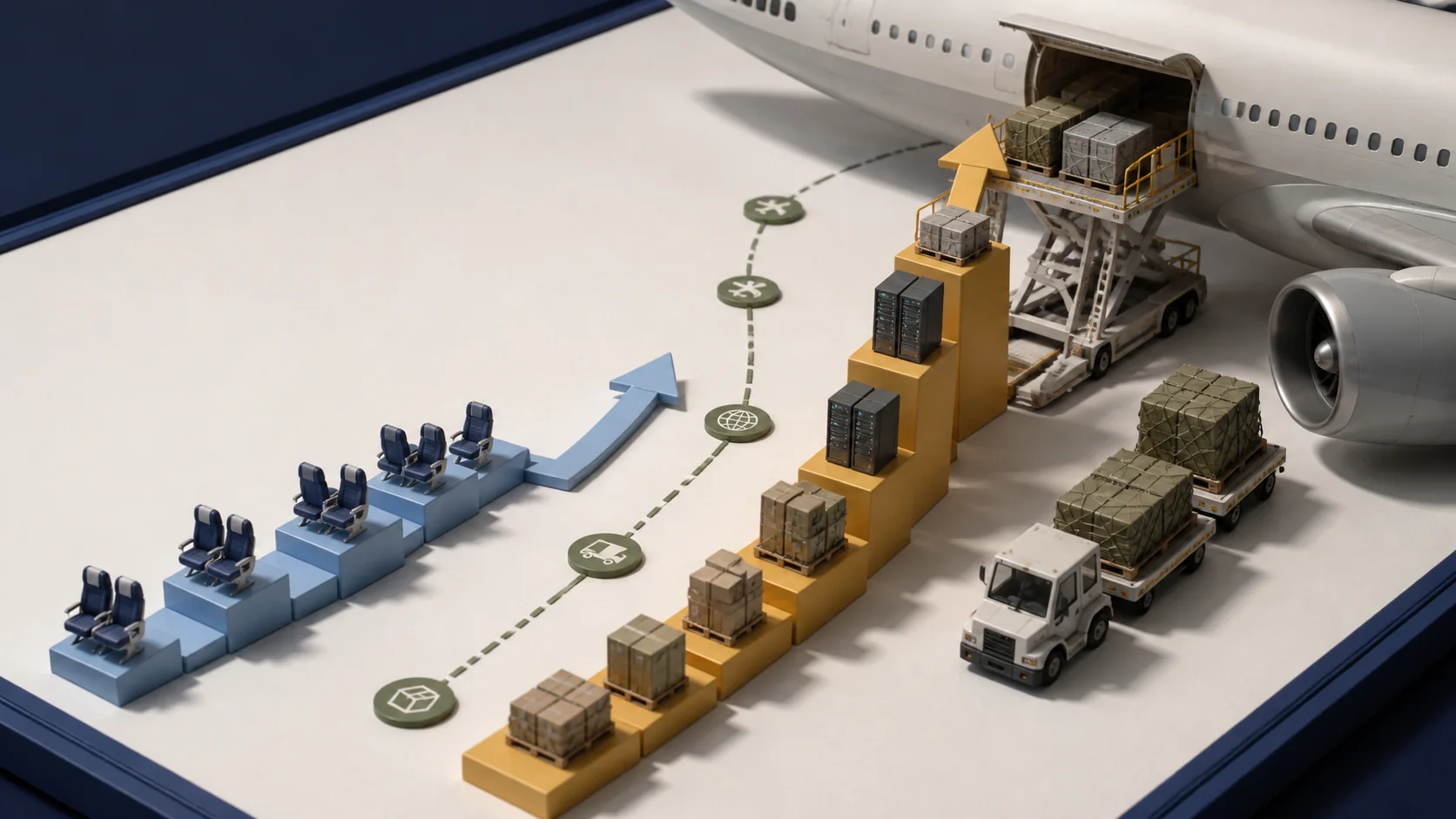 Two growth bars comparing 18% total revenue growth against 44% cargo revenue growth, with a small server-rack icon labeling the cargo bar's AI-driven component.