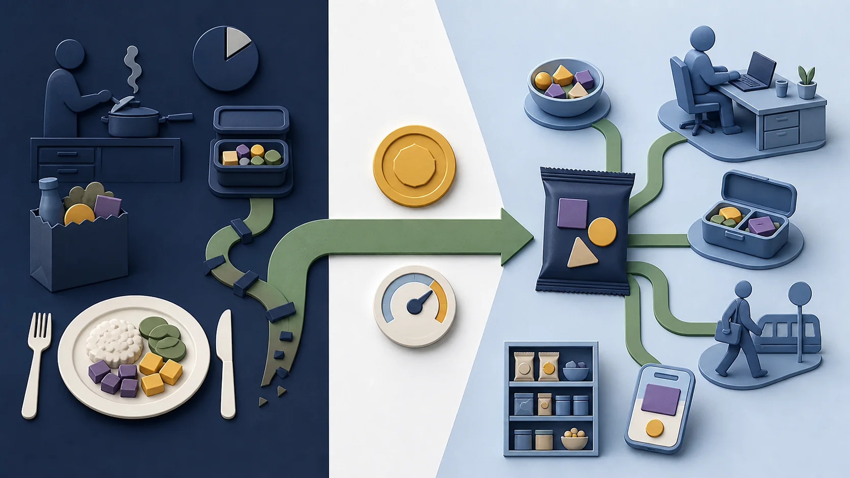 A pie-style split showing 41% of a meal occasion segment replaced by snacks, with country comparison bars for the US, Australia, and India.