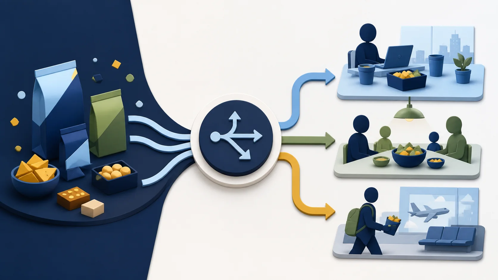 A narrow competitive circle containing only snack brands, expanding into a much larger circle that includes meal brands and grocery categories as direct competitors.