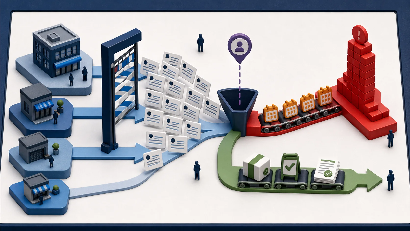 A threshold line dropping from 50 to 25 employees, with a wider band of newly-included businesses shown below it, alongside a complaint-count tally of 6,884.