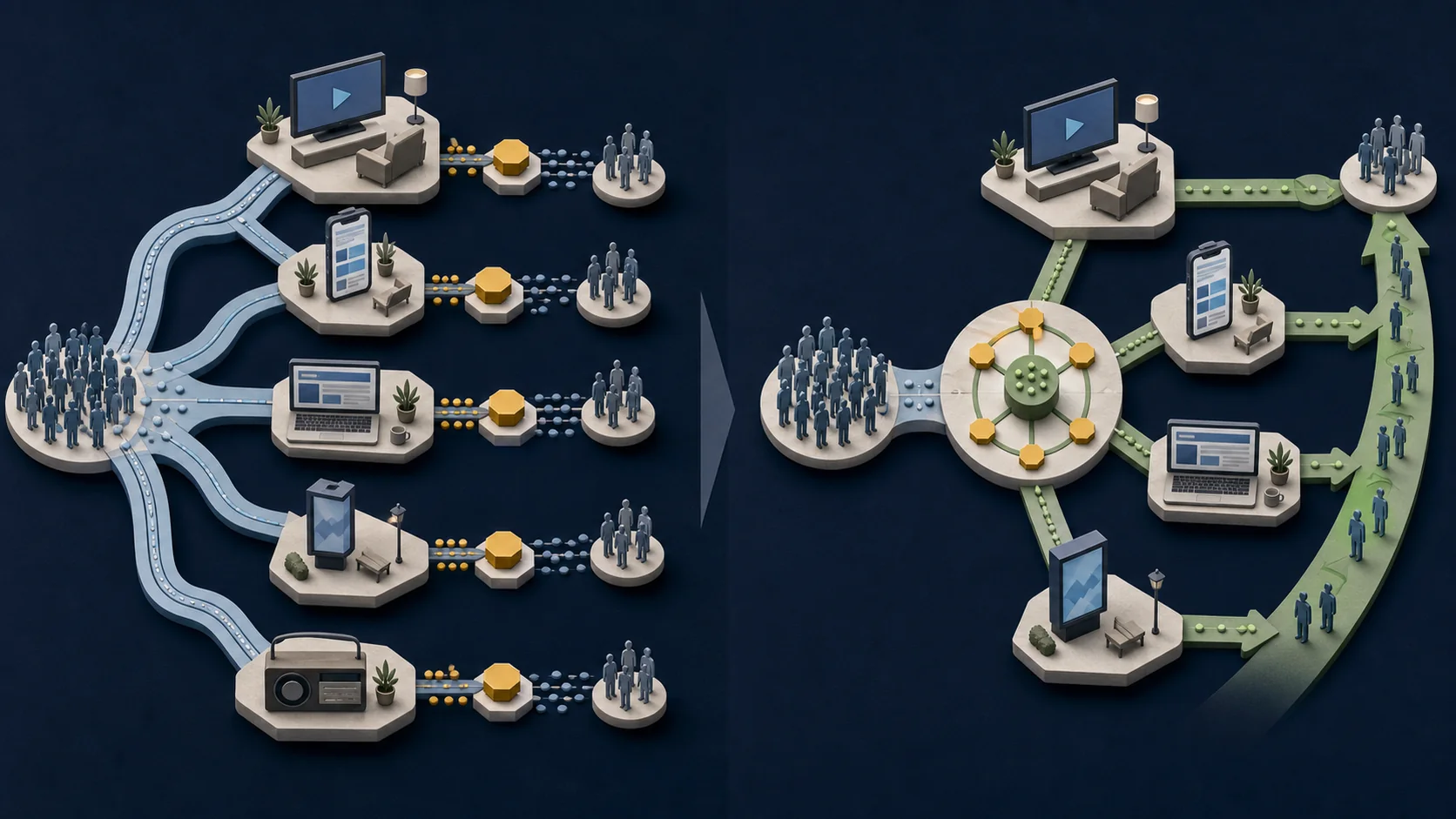 Several isolated channel icons each with a disconnected data stream, contrasted with the same channel icons feeding into one shared, connected data hub.