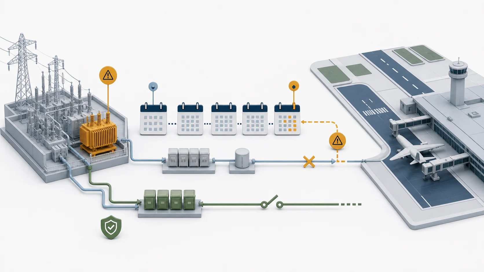 A single failed power-source node next to two backup nodes that cannot route around it, contrasted with a network design where backup sources absorb the same failure.