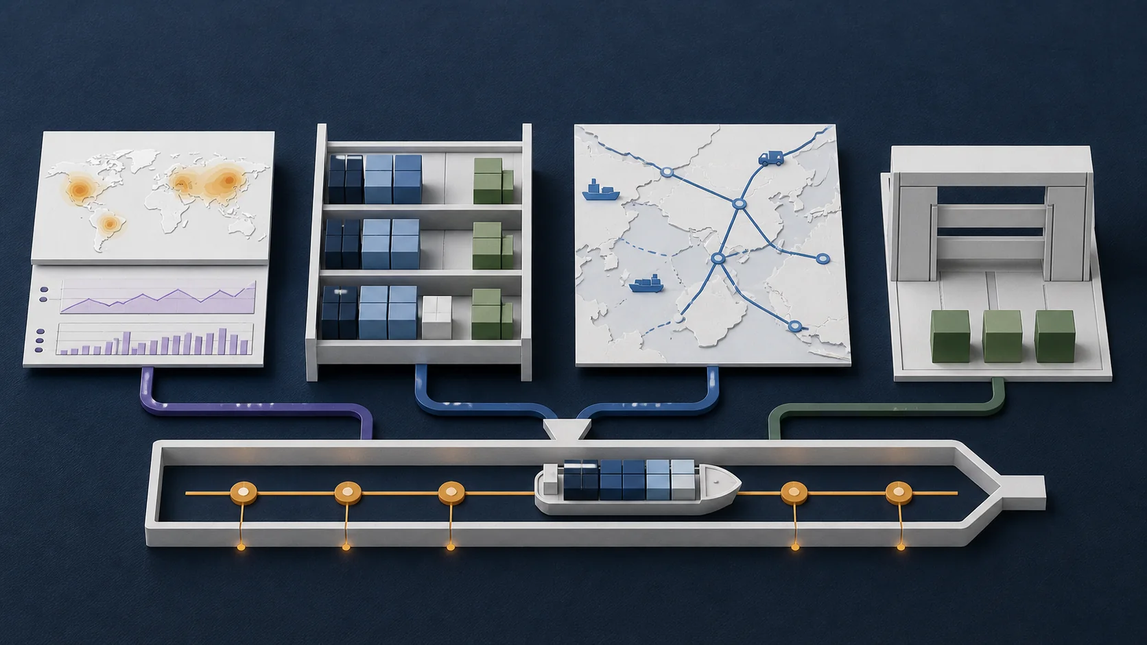 A logistics network diagram with a secondary profit stream (labeled cloud revenue) flowing in to subsidize speculative inventory movement, contrasted with a competitor's network with no such secondary stream.
