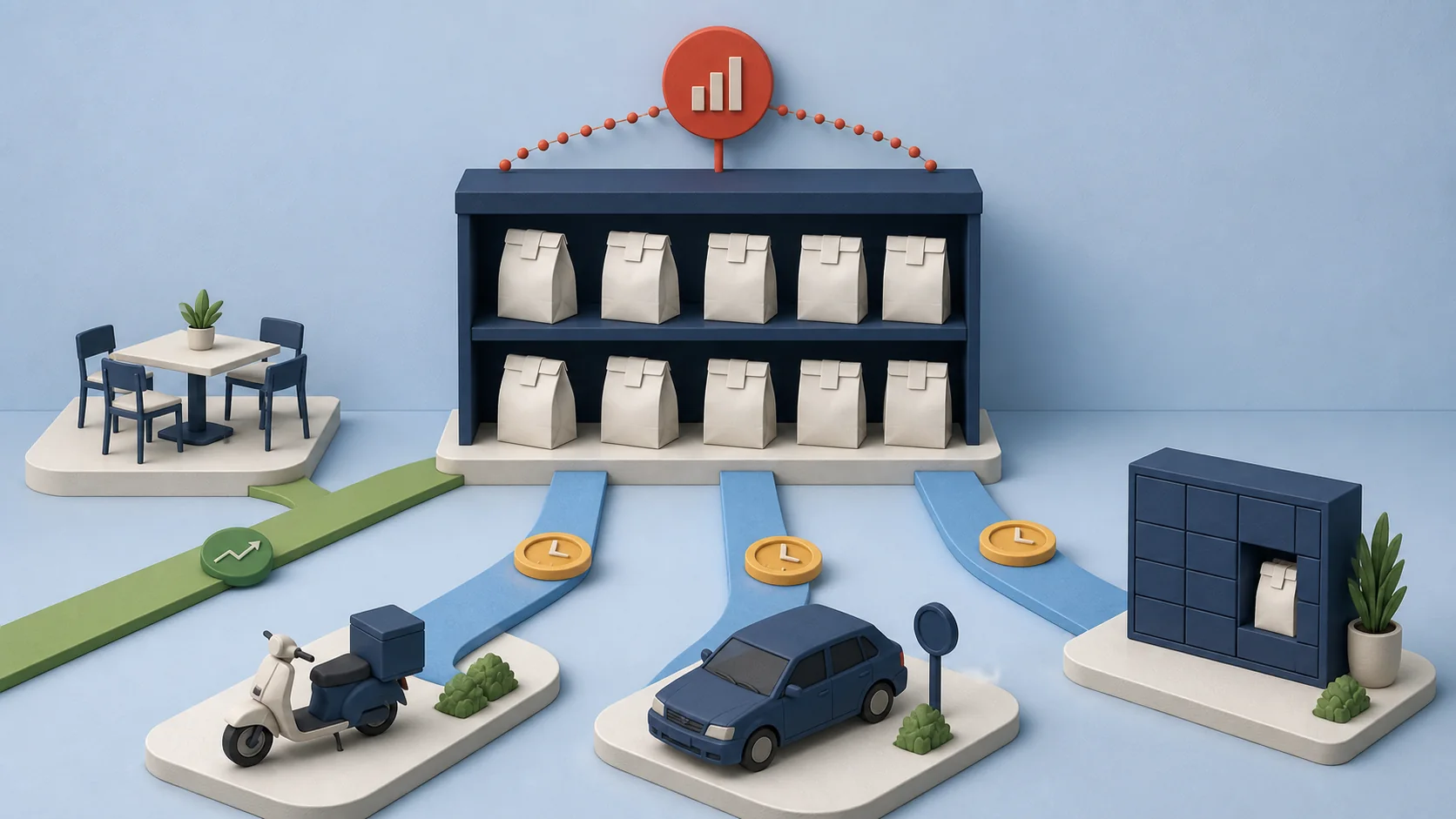 A pie-style split showing nearly 75% of restaurant traffic as off-premise against a much smaller dine-in segment, with 2019-to-now comparison bars for limited-service and full-service operators.