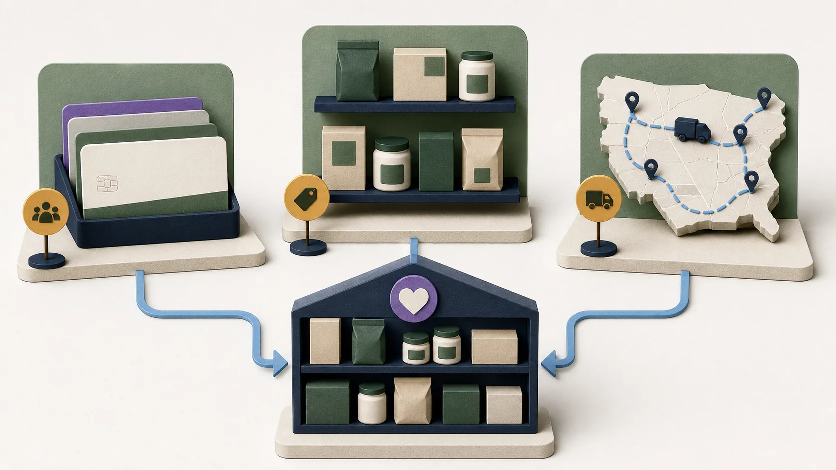 A central membership hub with three distinct new branches labeled retail media, in-house fulfillment, and AI shopping, each representing a structurally different business layer.