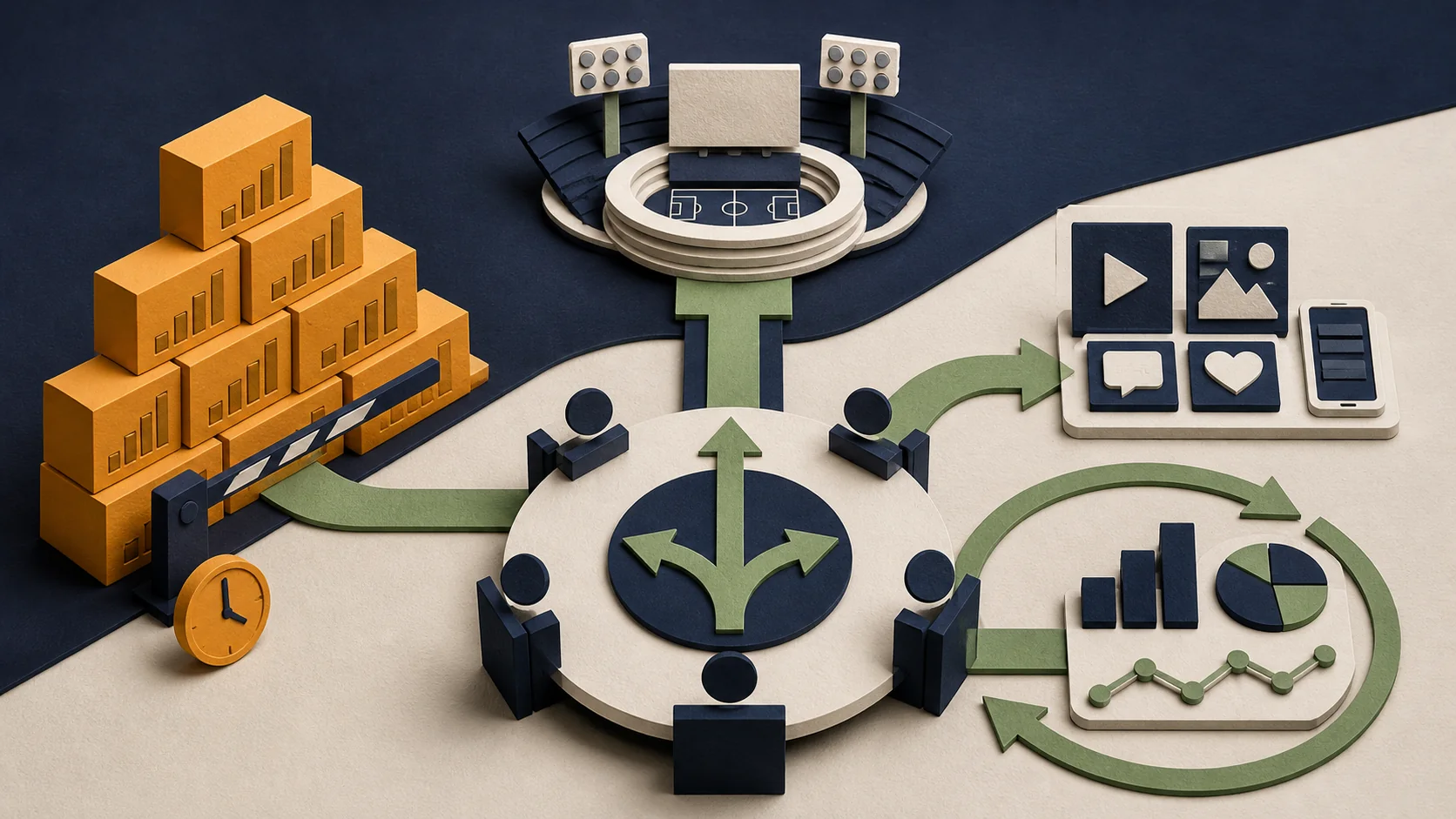 A fixed, limited number of ad-slot icons with a growing crowd of advertiser icons competing for them, illustrating scarcity-driven pricing independent of the audience-size trend shown separately.