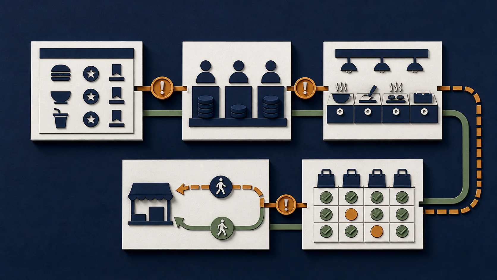 A four-step causal chain diagram: too many deployments, leading to less efficient operations, leading to slower service times, leading to lower satisfaction scores.