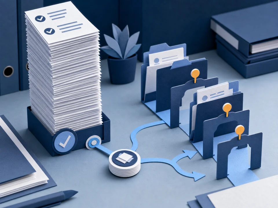 Paper-cut evidence scene showing a tall stack of completed work beside unresolved approval and handoff folders.