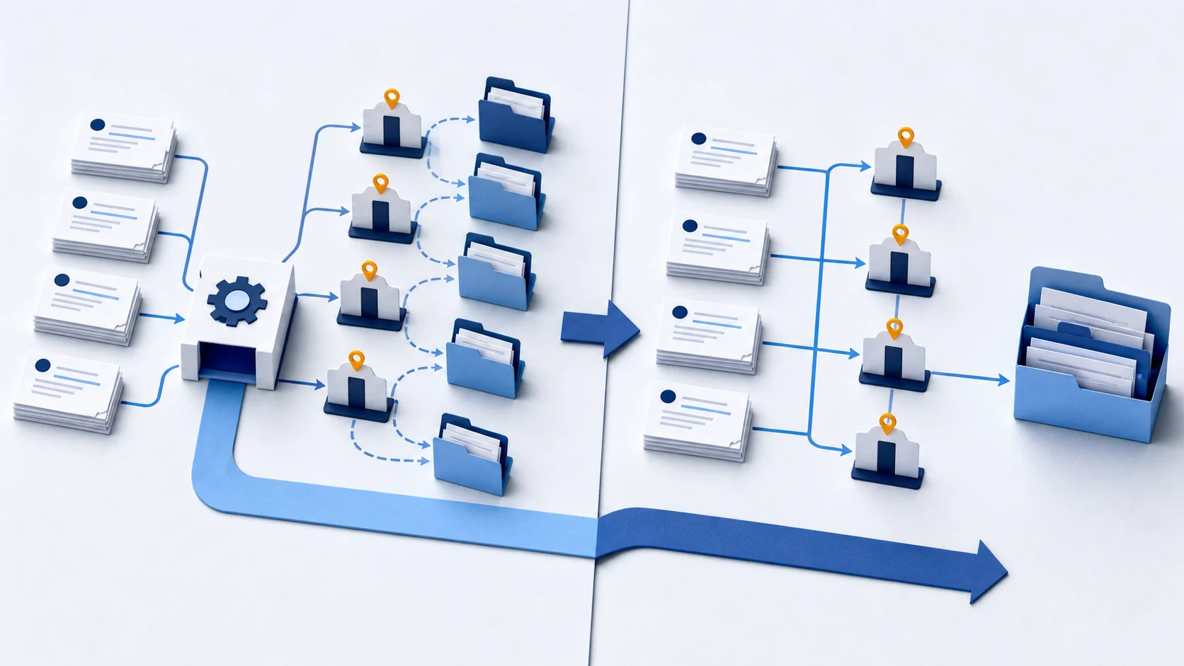 Paper-cut before-and-after diagram showing AI adoption routed through unchanged gates, then redesigned work with fewer handoffs and clearer decision paths.