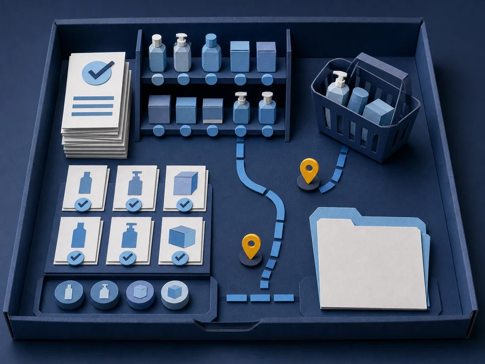 Paper-cut evidence tray showing checked stock counts beside a basket path that stops short of a blank customer-intent folder.