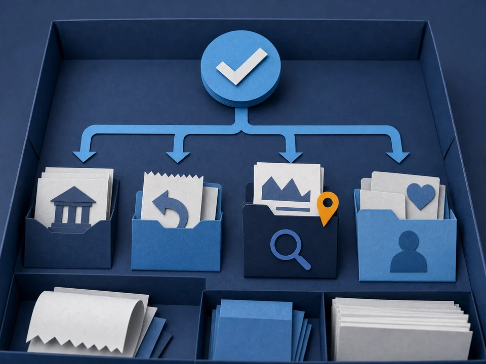 Paper-cut evidence tray showing one completed checkout branching into settlement, refund, exception, and service recovery folders.