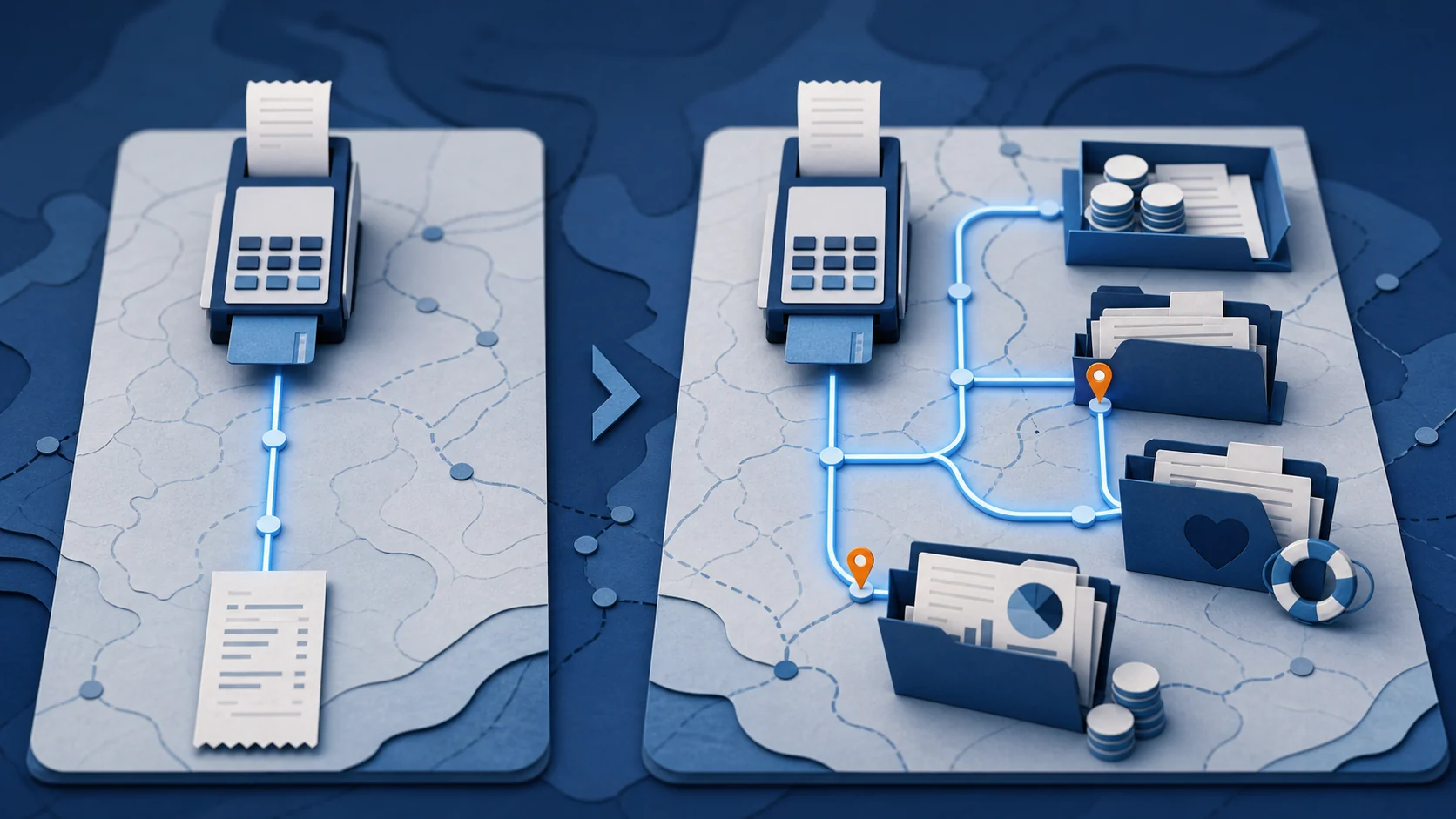 Paper-cut before-and-after diagram showing a payment ending at checkout, then routing into operations, finance, service recovery, and customer promise folders.