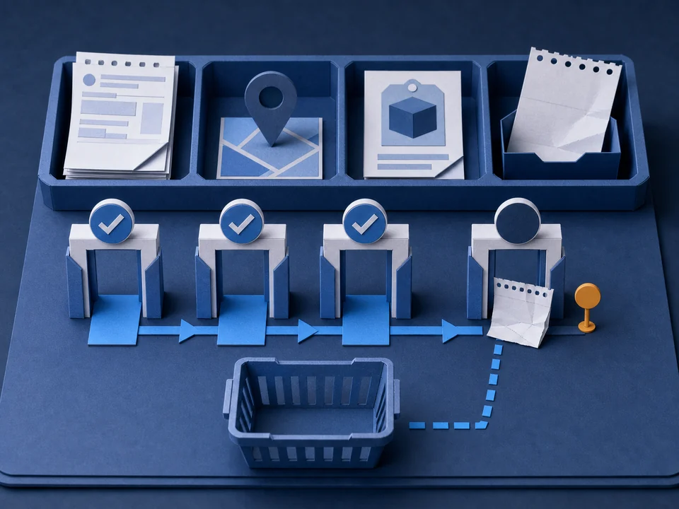 Paper-cut evidence tray showing a basket path passing three checked readiness gates and stopping at one unresolved operating gate.