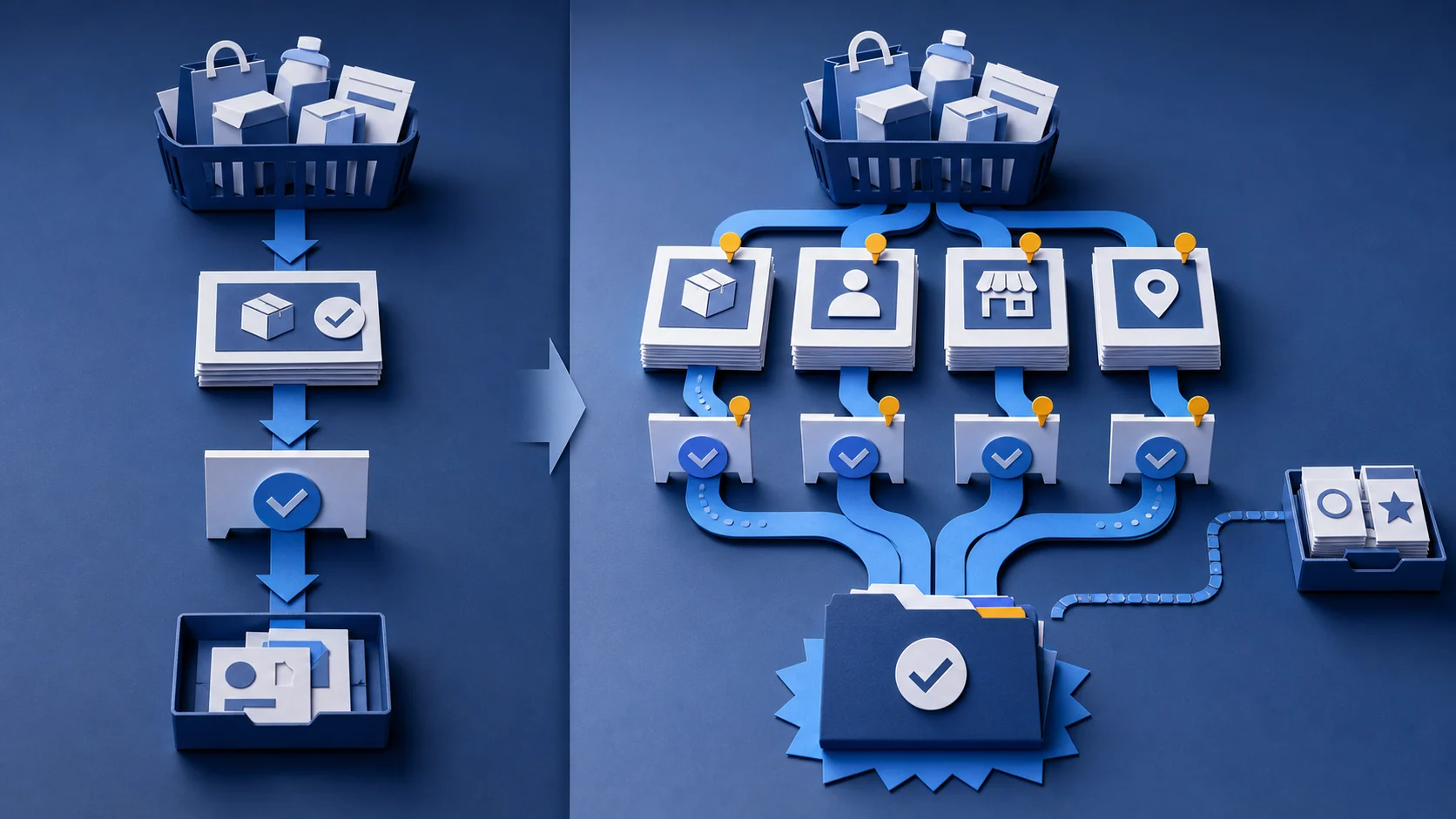 Paper-cut before-and-after diagram showing basic product checks replaced by product, customer, channel, location, and exception readiness gates.