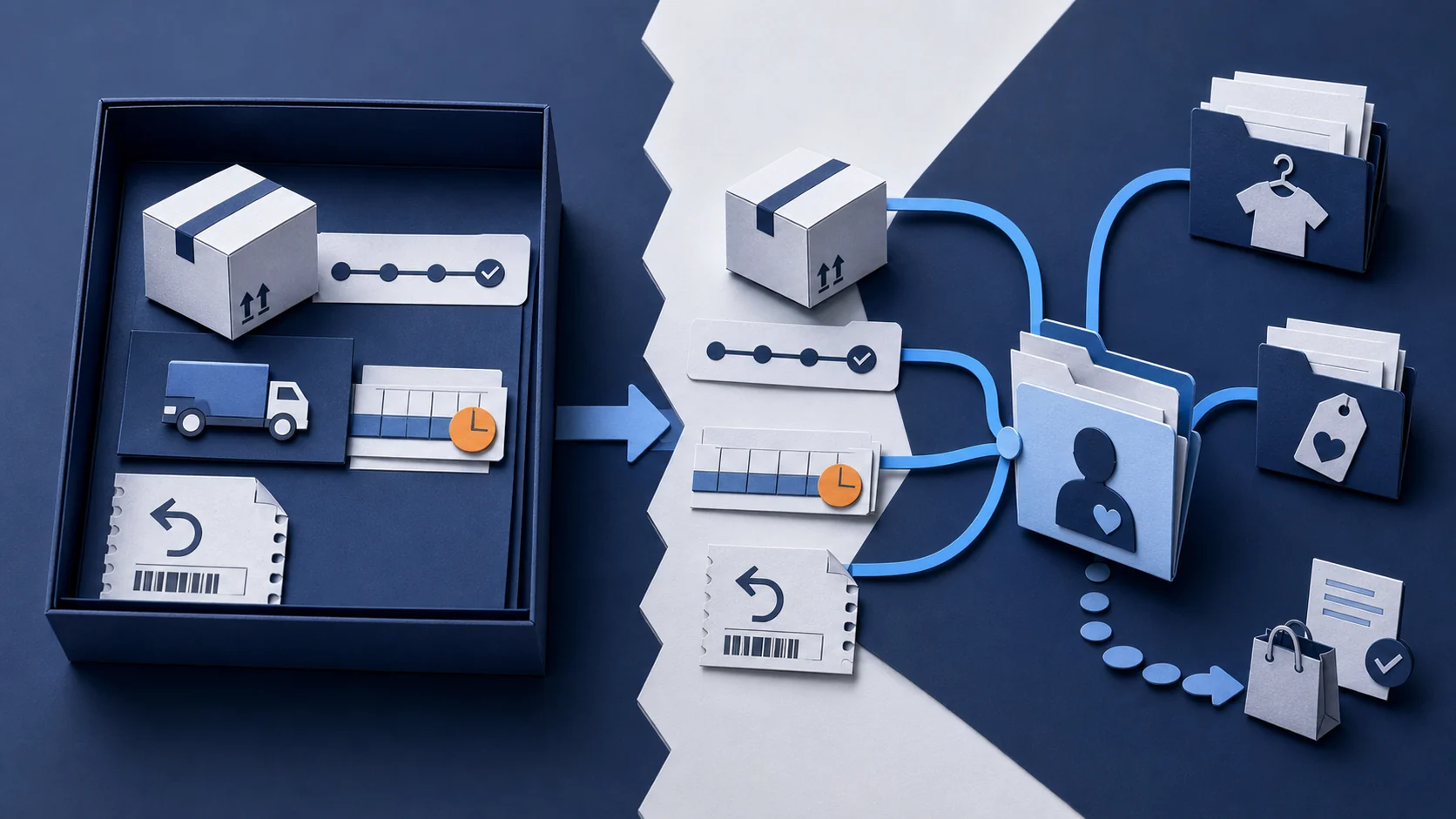 Paper-cut before-and-after diagram showing fulfillment data moving from a logistics tray into retention and merchandising decisions.