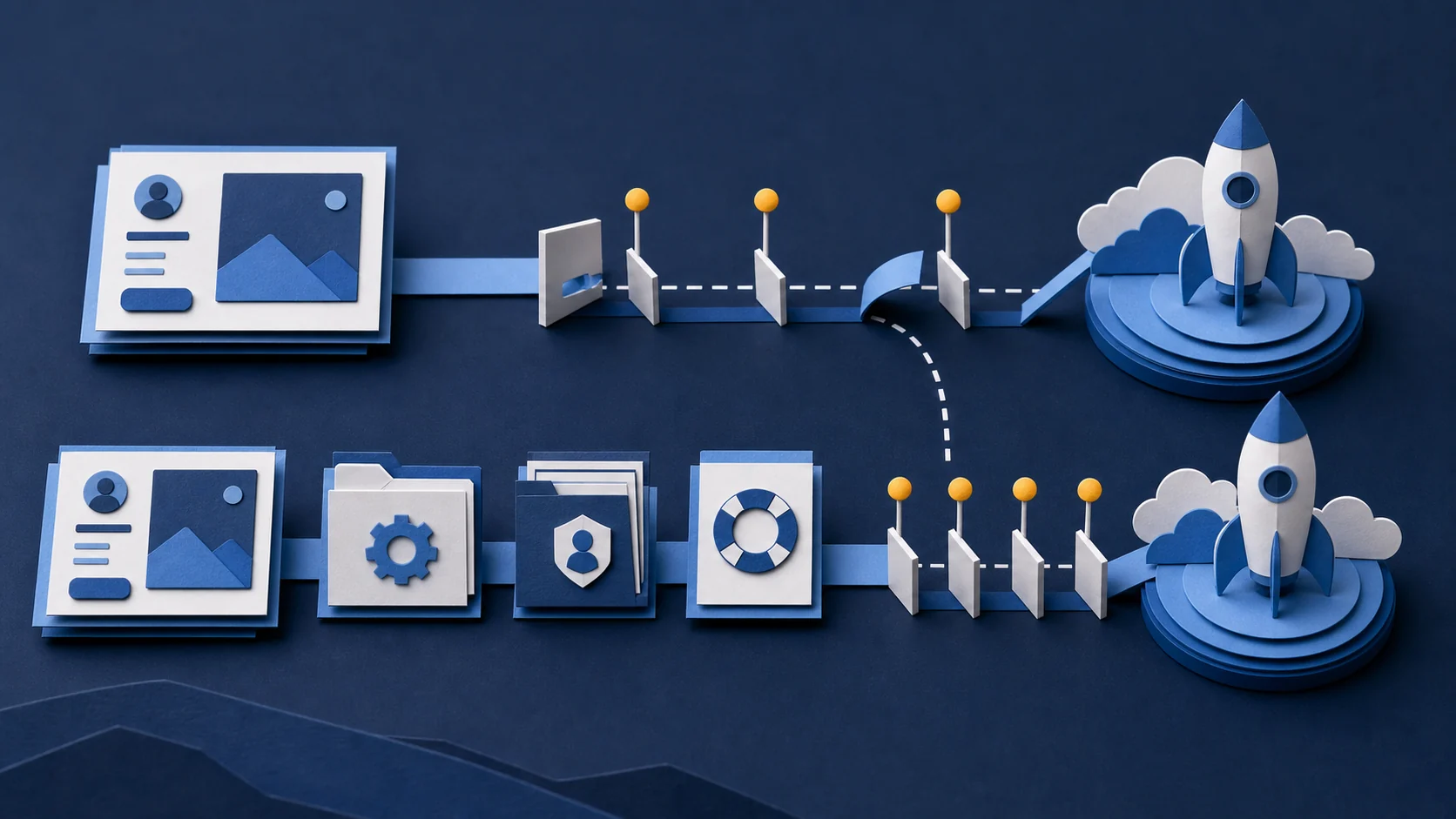 Paper-cut before-and-after diagram showing an interface launched ahead of readiness gates, then aligned with operations, exception handling, and rollback readiness.