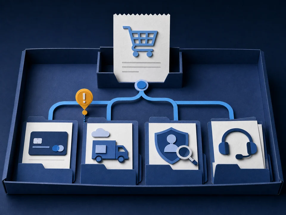 Paper-cut evidence tray showing one cart event branching into payment, delivery promise, identity risk, and support follow-up folders.