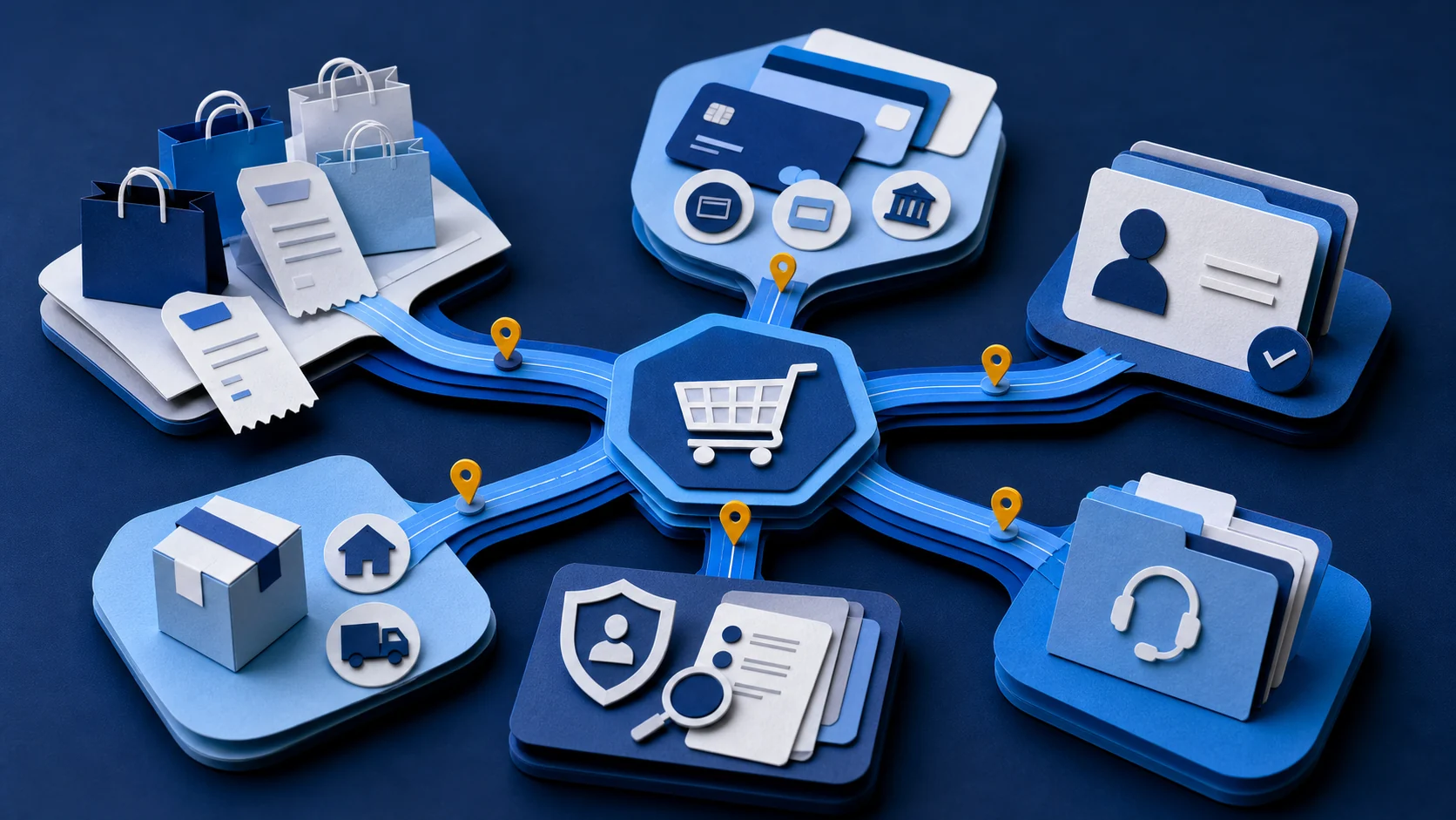 Paper-cut commerce operations table showing a cart event branching into payment, identity, fulfillment promise, risk review, and service recovery decisions.