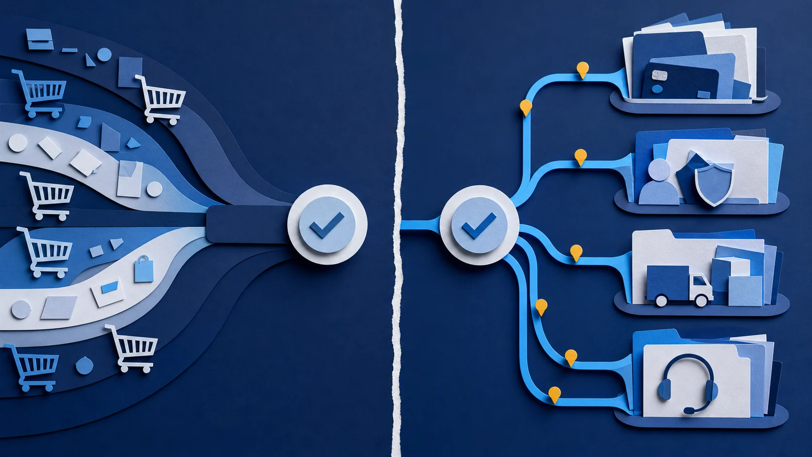 Paper-cut before-and-after diagram showing carts collapsing into one checkout completion point, then checkout evidence routed into payment, fulfillment, risk, and service decisions.