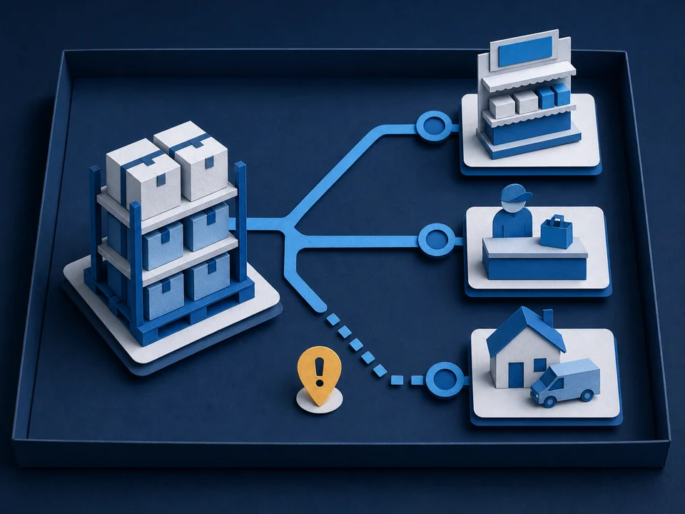 Paper-cut evidence tray showing warehouse stock branching to store, pickup, and home delivery nodes, with one incomplete promise path marked.