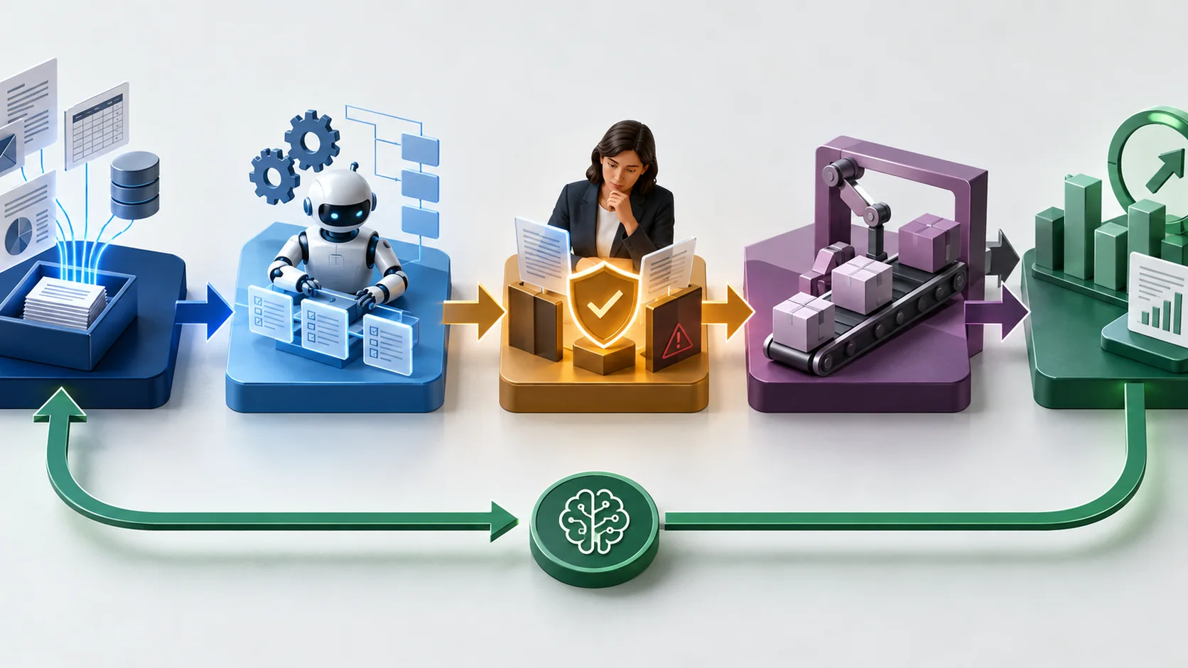 Five-stage operating flow showing evidence intake, agent task execution, human review, approved production handoff and outcome learning loop.