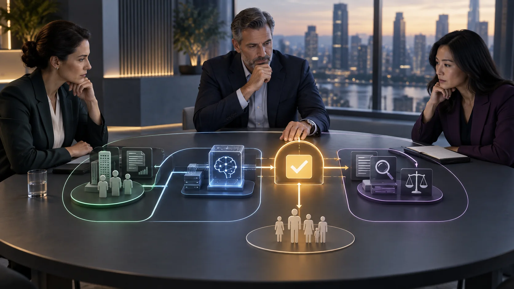 Three leaders reviewing an AI-assisted workflow boundary with an approval gate, evidence, technical and consequence signals visible.