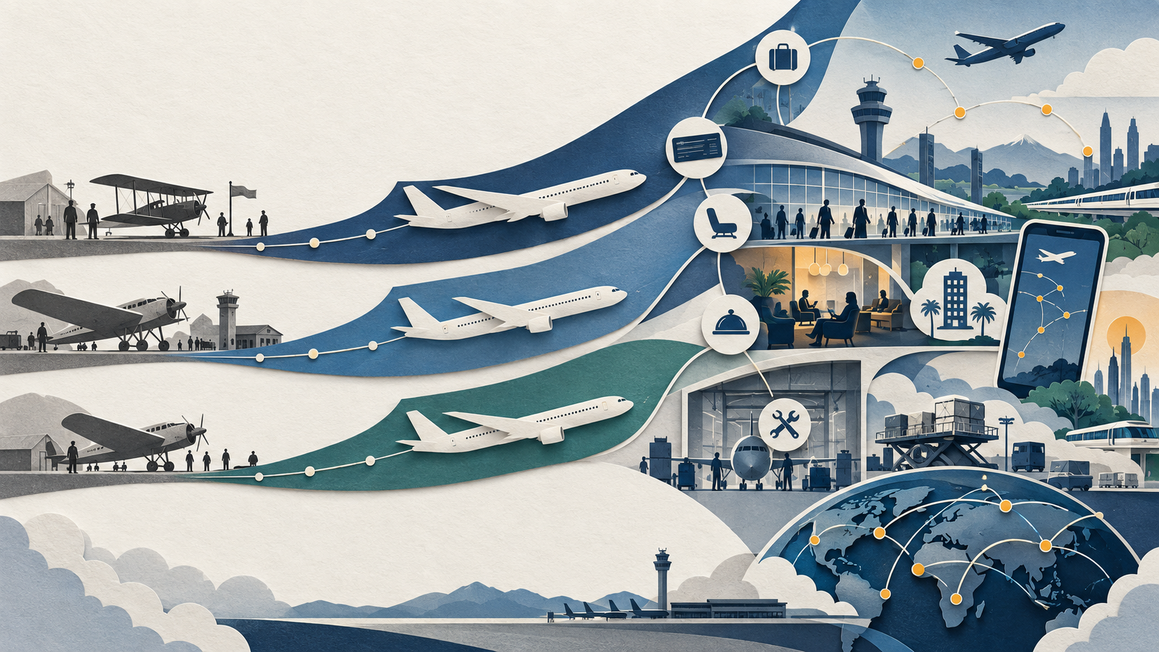 Matte paper airline milestone system showing heritage moving into loyalty, partner, app and recovery layers.