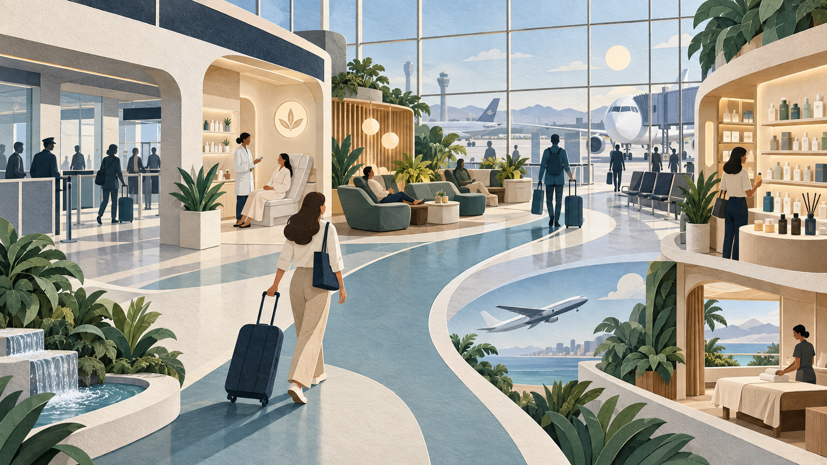 Matte paper airport wellness illustration showing a clinic, skincare retail, lounge recovery, transfer gate, airline path and hotel spa continuation.