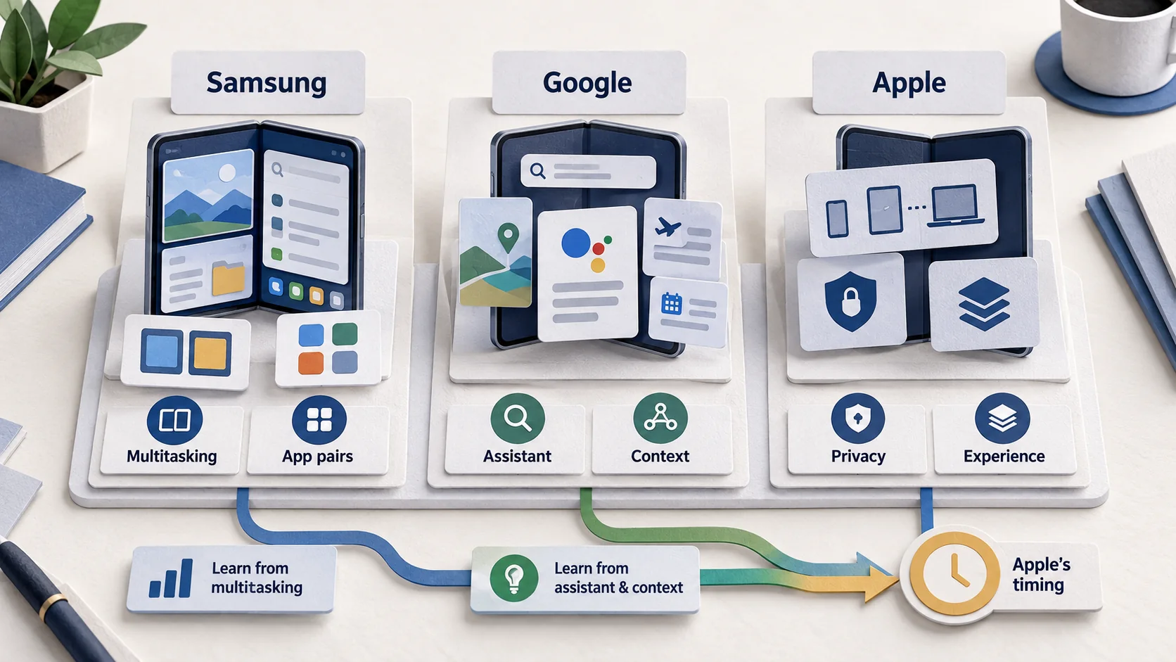 Matte three-column paper comparison of Samsung, Google and Apple foldable experience patterns.