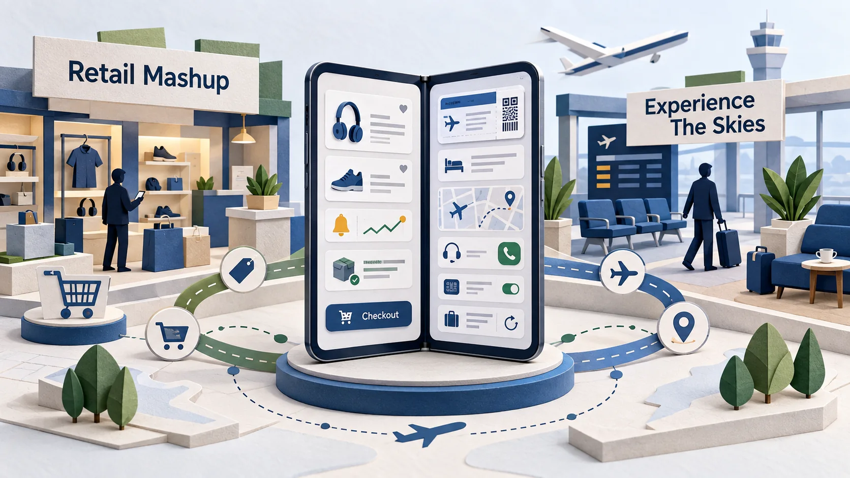 Matte paper illustration showing a foldable phone connecting Retail Mashup and Experience The Skies journeys.