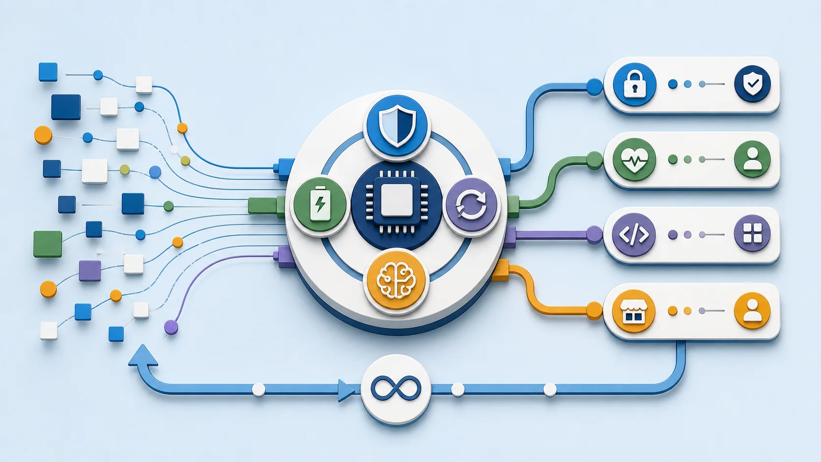 Matte system diagram showing hardware capability, repairability, privacy, health, developer, retail, and AI nodes connected to experience outcomes.