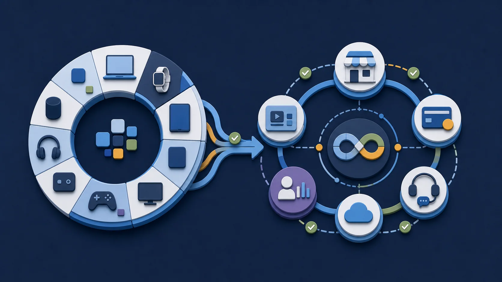 Matte system diagram showing abstract device tiles becoming a services, retail, payment, cloud, and support continuity loop.