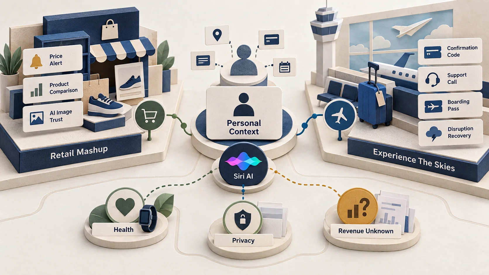 Matte paper illustration showing personal context connected to Siri AI, Retail Mashup, Experience The Skies, Health, Privacy and Revenue Unknown signals.