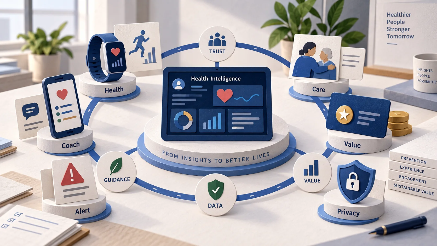 Matte paper illustration showing health intelligence connected to coaching, alerts, care, privacy, data and value loops.