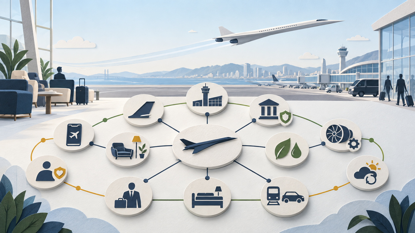 Matte paper supersonic travel system map showing faster flight connected to airline, airport, regulator, fuel, hotel, loyalty, recovery and trust.